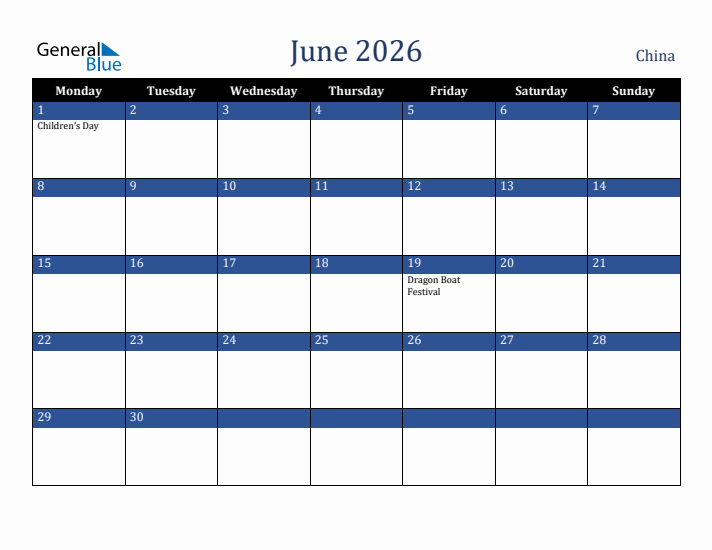 June 2026 China Calendar (Monday Start)