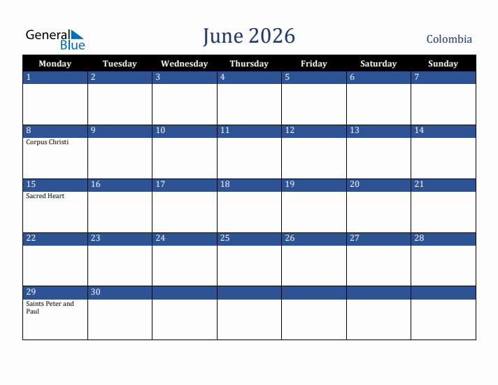 June 2026 Colombia Calendar (Monday Start)