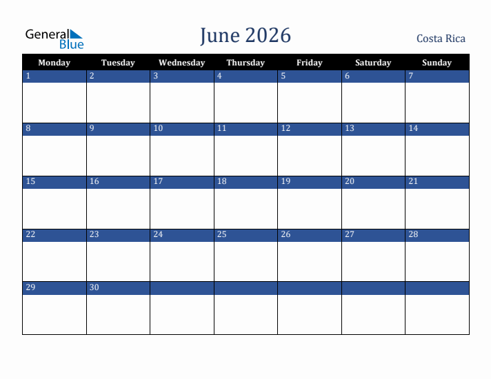 June 2026 Costa Rica Calendar (Monday Start)