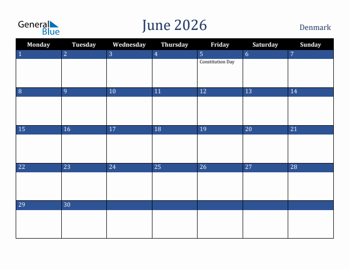 June 2026 Denmark Calendar (Monday Start)