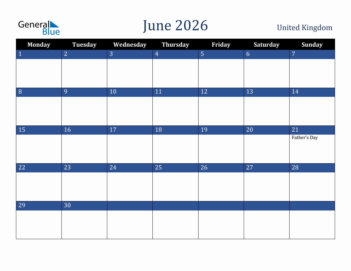 June 2026 United Kingdom Holiday Calendar