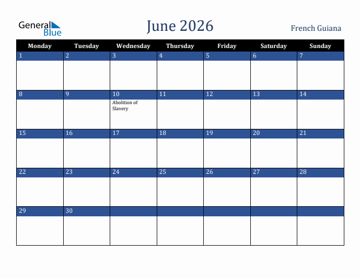 June 2026 French Guiana Calendar (Monday Start)
