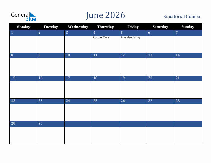 June 2026 Equatorial Guinea Calendar (Monday Start)