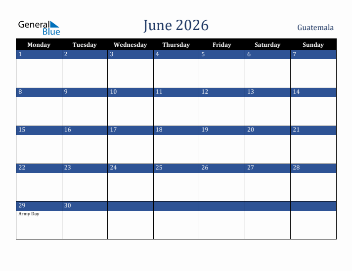 June 2026 Guatemala Calendar (Monday Start)