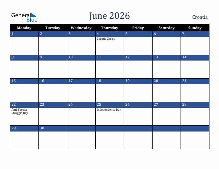 June 2026 Croatia Calendar (Monday Start)