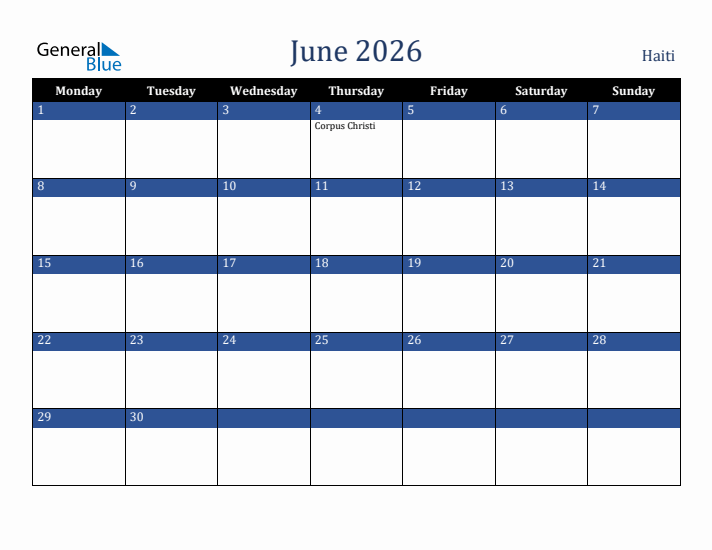 June 2026 Haiti Calendar (Monday Start)