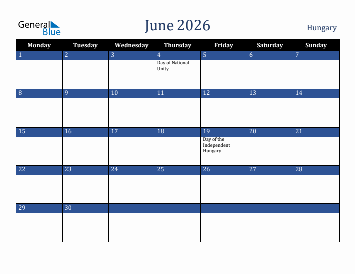 June 2026 Hungary Calendar (Monday Start)