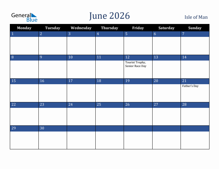 June 2026 Isle of Man Calendar (Monday Start)