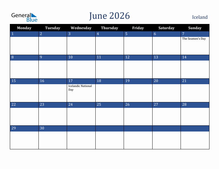 June 2026 Iceland Calendar (Monday Start)