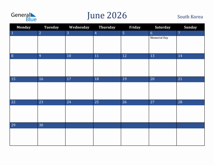 June 2026 South Korea Calendar (Monday Start)
