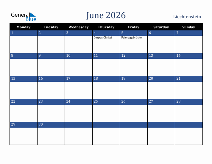 June 2026 Liechtenstein Calendar (Monday Start)