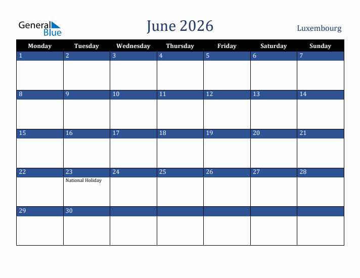 June 2026 Luxembourg Calendar (Monday Start)