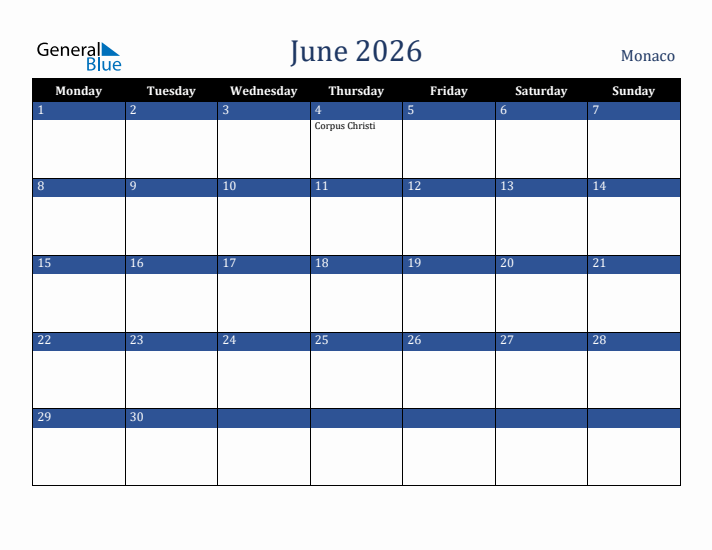 June 2026 Monaco Calendar (Monday Start)