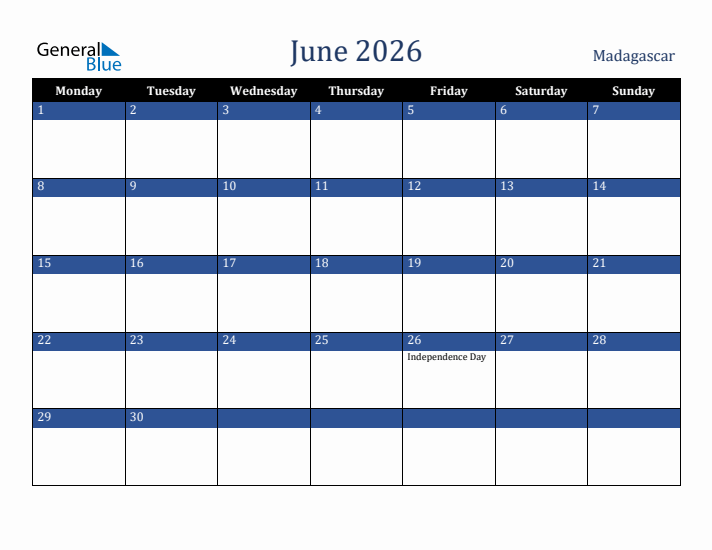 June 2026 Madagascar Calendar (Monday Start)