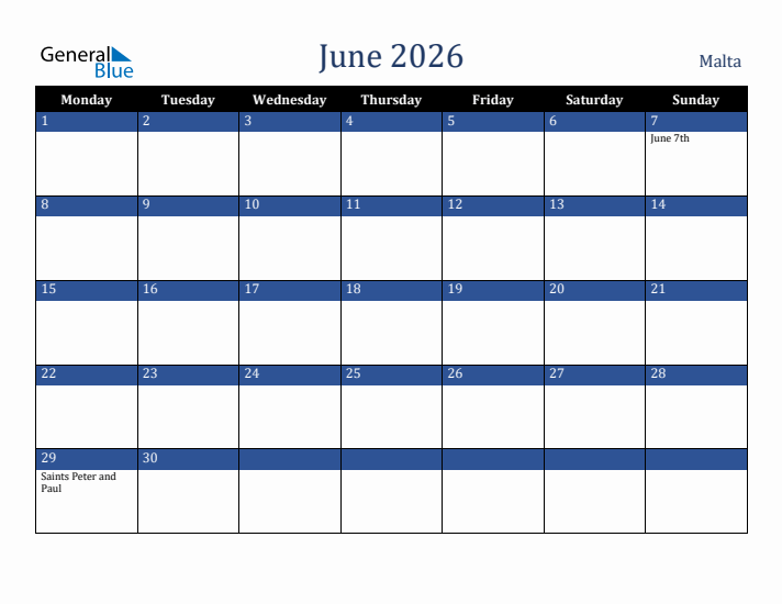 June 2026 Malta Calendar (Monday Start)