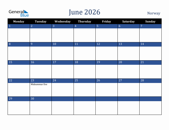 June 2026 Norway Calendar (Monday Start)