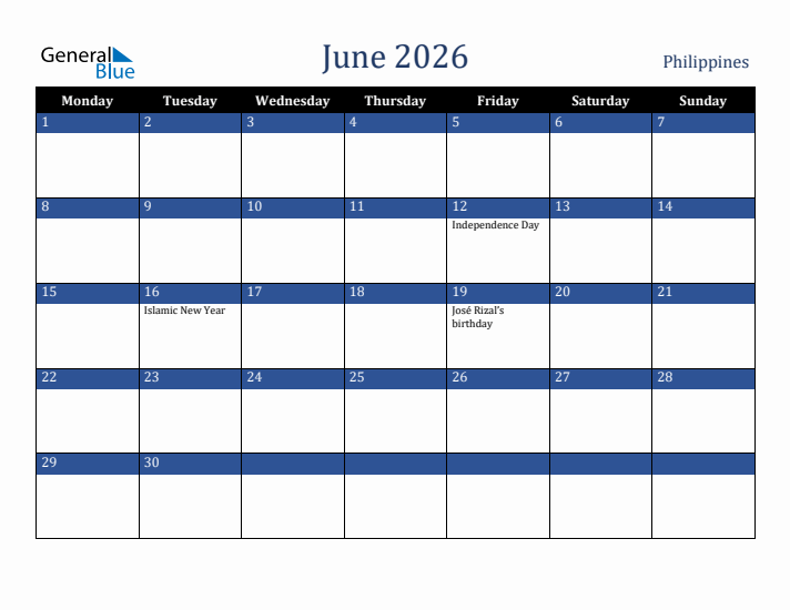 June 2026 Philippines Calendar (Monday Start)