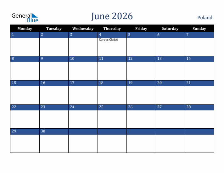 June 2026 Poland Calendar (Monday Start)