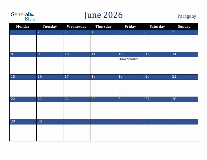 June 2026 Paraguay Calendar (Monday Start)