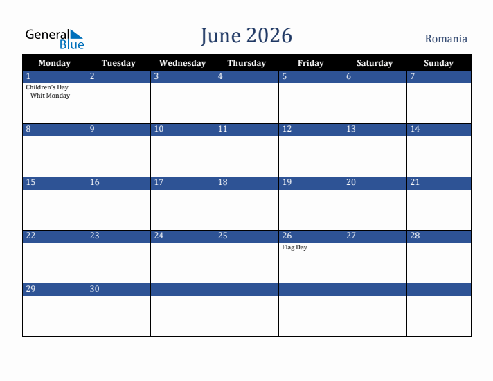 June 2026 Romania Calendar (Monday Start)