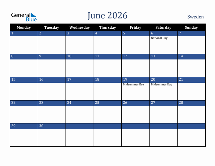 June 2026 Sweden Calendar (Monday Start)