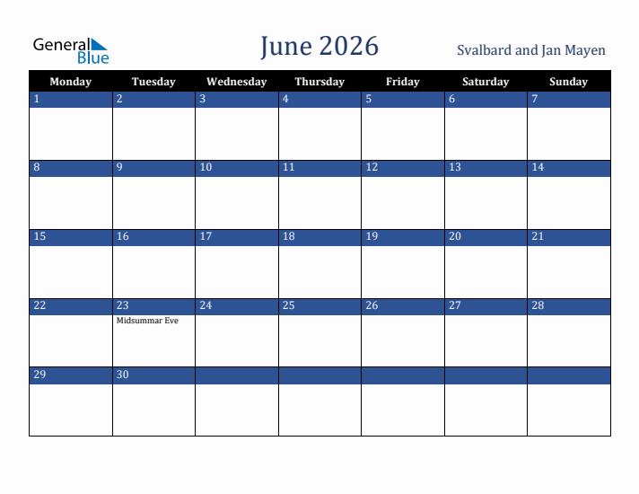 June 2026 Svalbard and Jan Mayen Calendar (Monday Start)