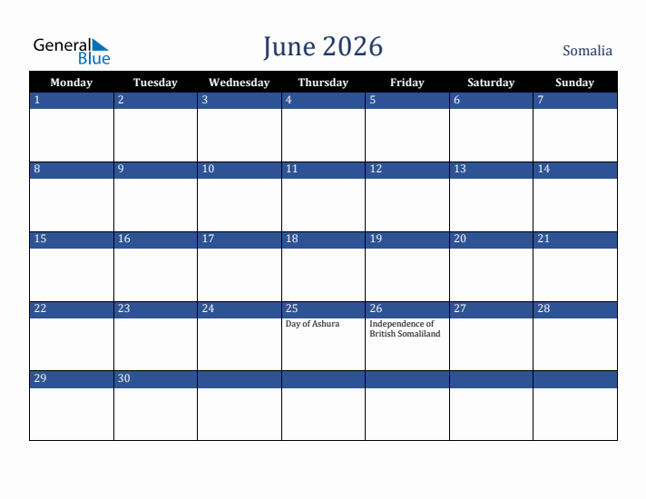 June 2026 Somalia Calendar (Monday Start)