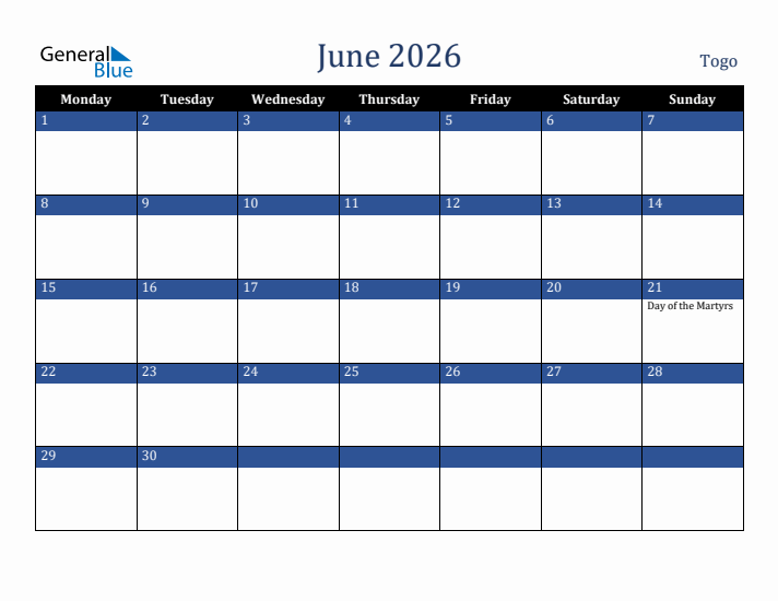 June 2026 Togo Calendar (Monday Start)