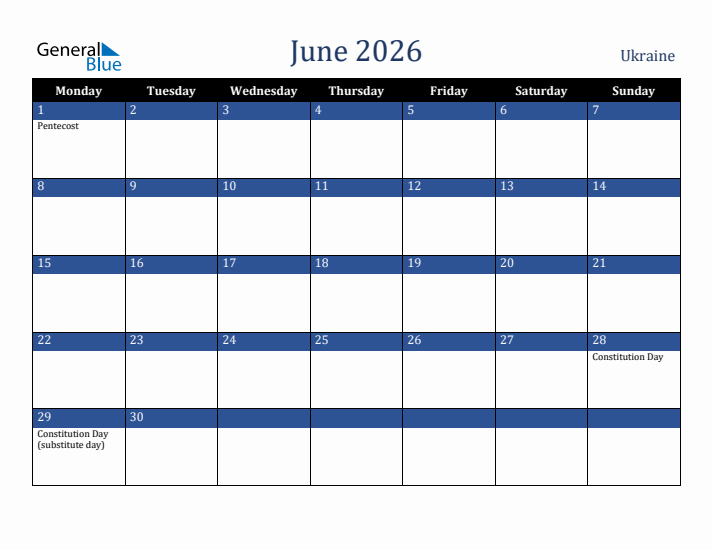 June 2026 Ukraine Calendar (Monday Start)