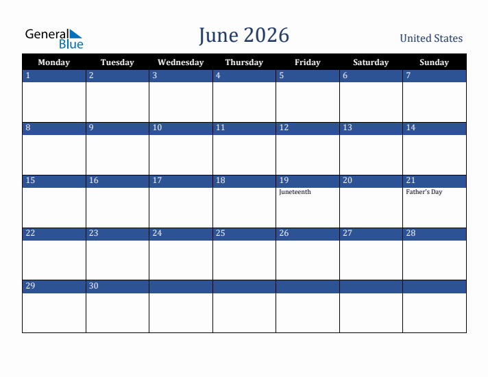 June 2026 United States Calendar (Monday Start)