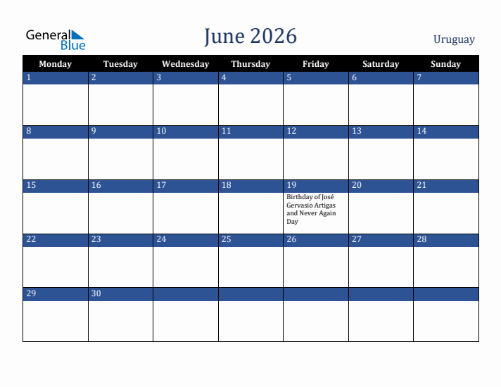 June 2026 Uruguay Calendar (Monday Start)