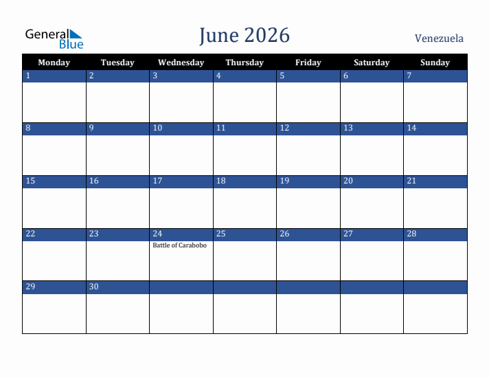 June 2026 Venezuela Calendar (Monday Start)