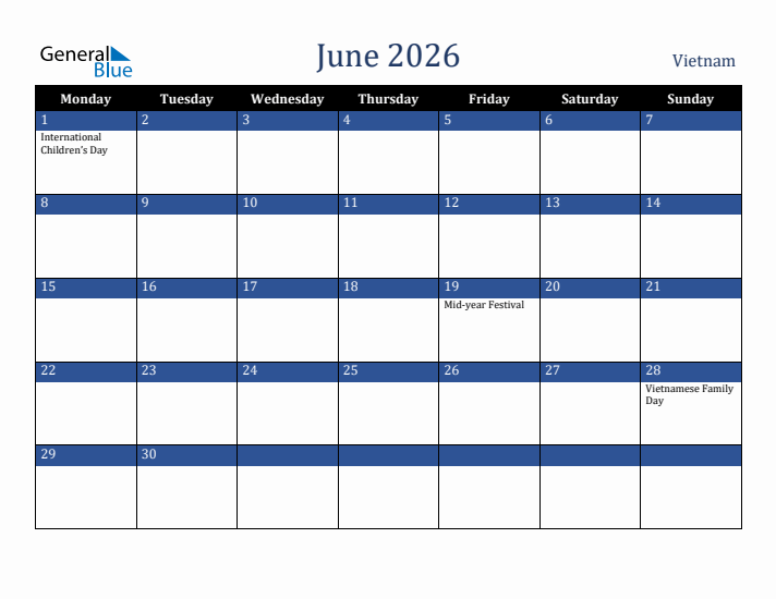 June 2026 Vietnam Calendar (Monday Start)