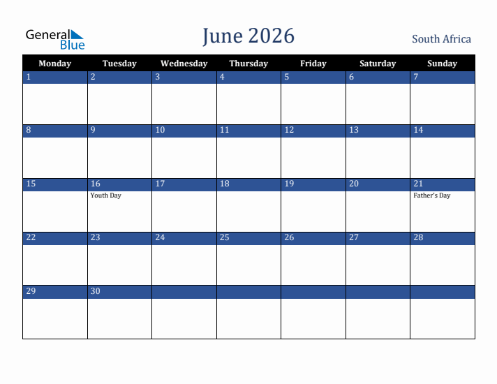 June 2026 South Africa Calendar (Monday Start)