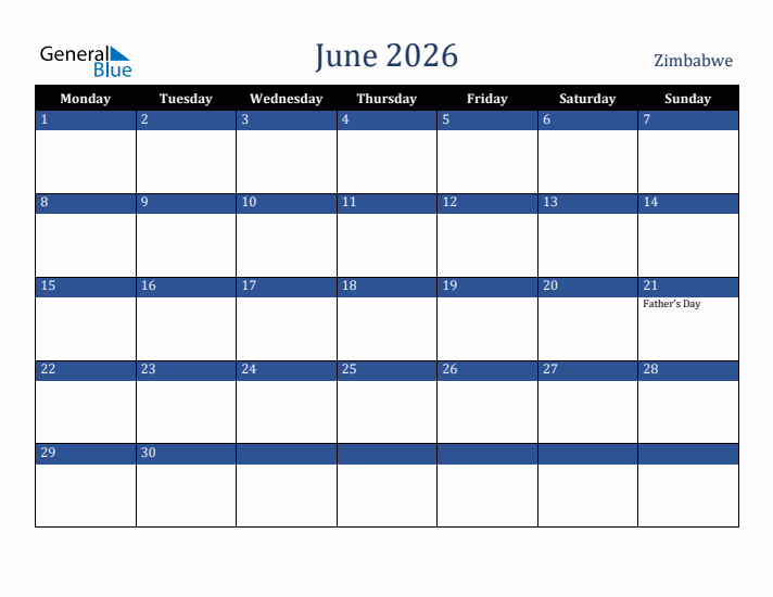June 2026 Zimbabwe Calendar (Monday Start)