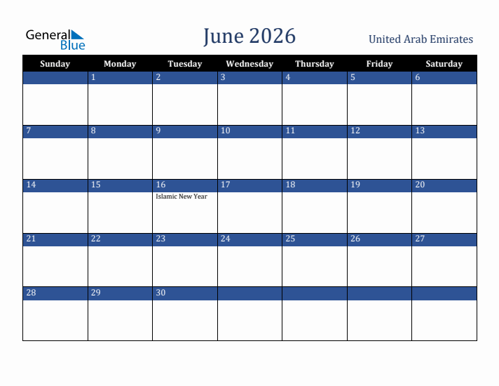 June 2026 United Arab Emirates Calendar (Sunday Start)