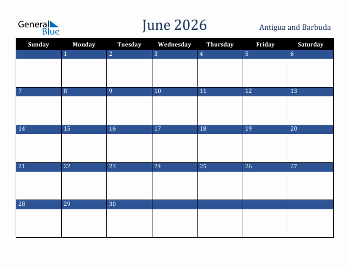 June 2026 Antigua and Barbuda Calendar (Sunday Start)