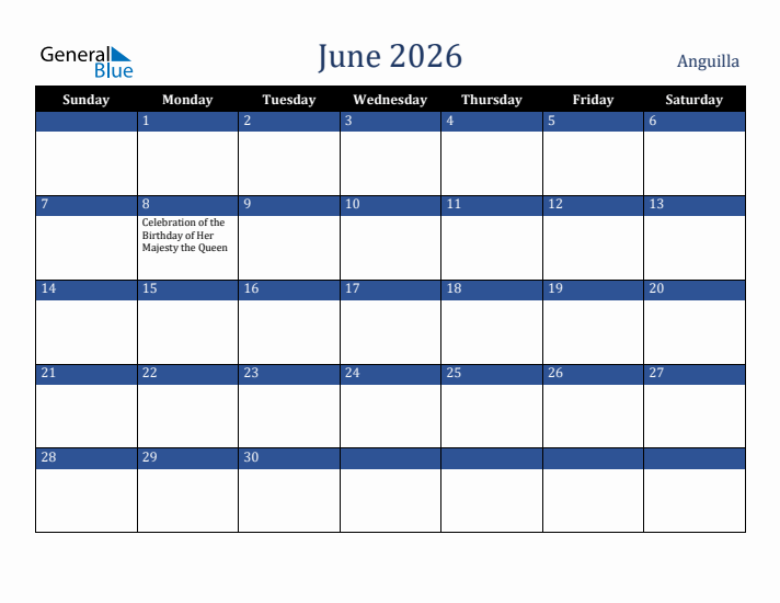 June 2026 Anguilla Calendar (Sunday Start)