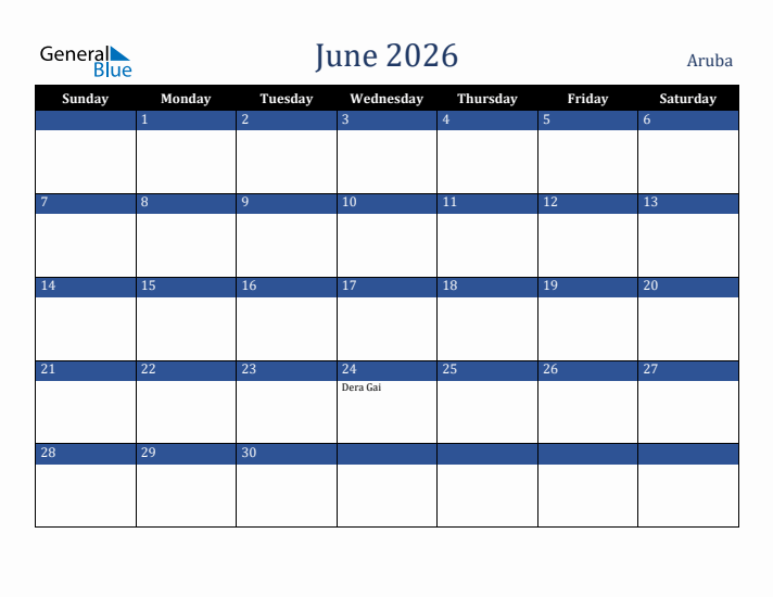 June 2026 Aruba Calendar (Sunday Start)