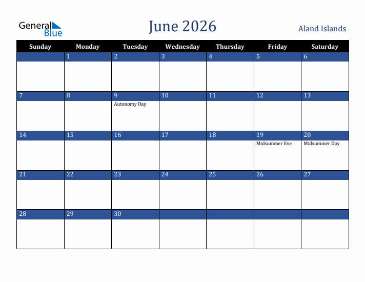 June 2026 Aland Islands Calendar (Sunday Start)