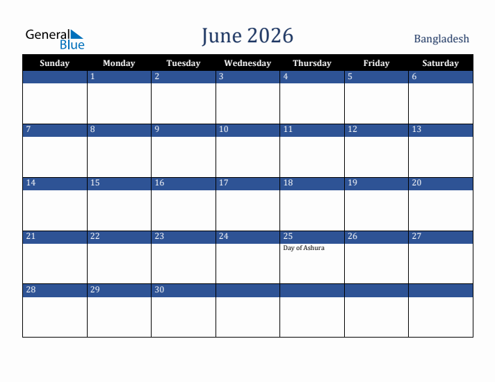 June 2026 Bangladesh Calendar (Sunday Start)