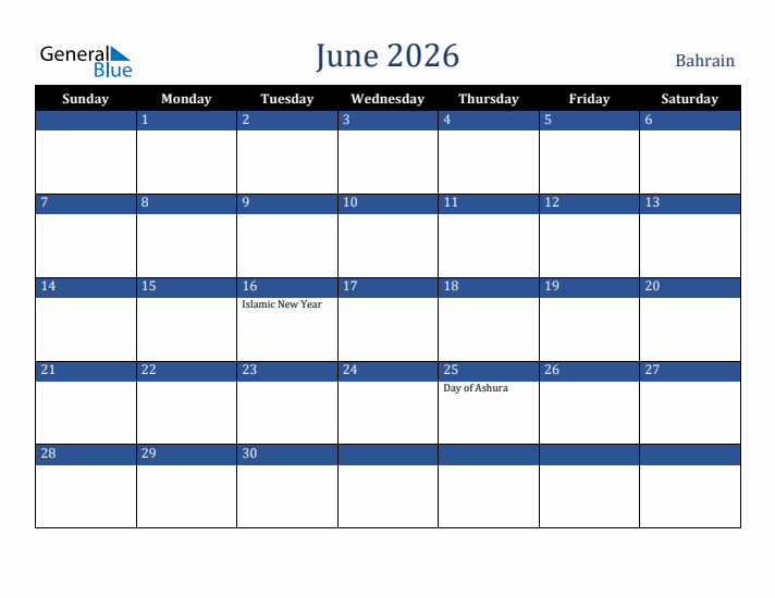 June 2026 Bahrain Calendar (Sunday Start)