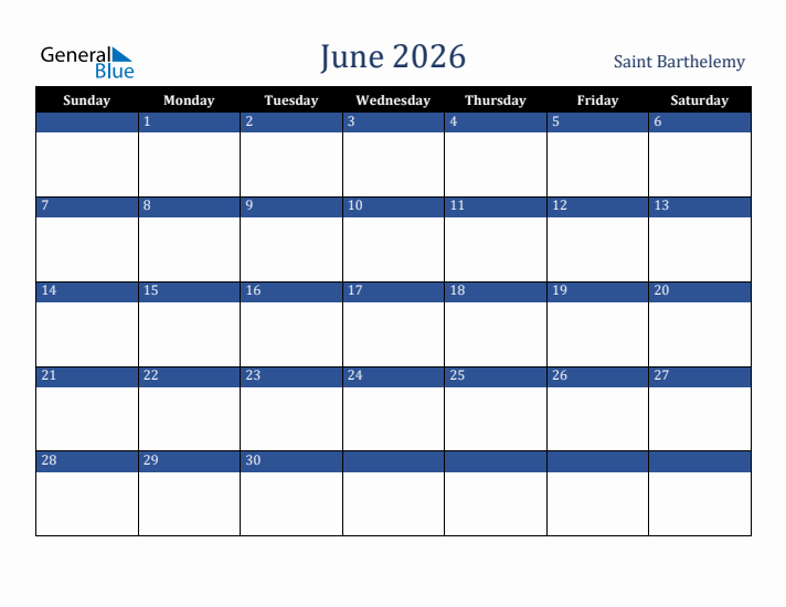 June 2026 Saint Barthelemy Calendar (Sunday Start)