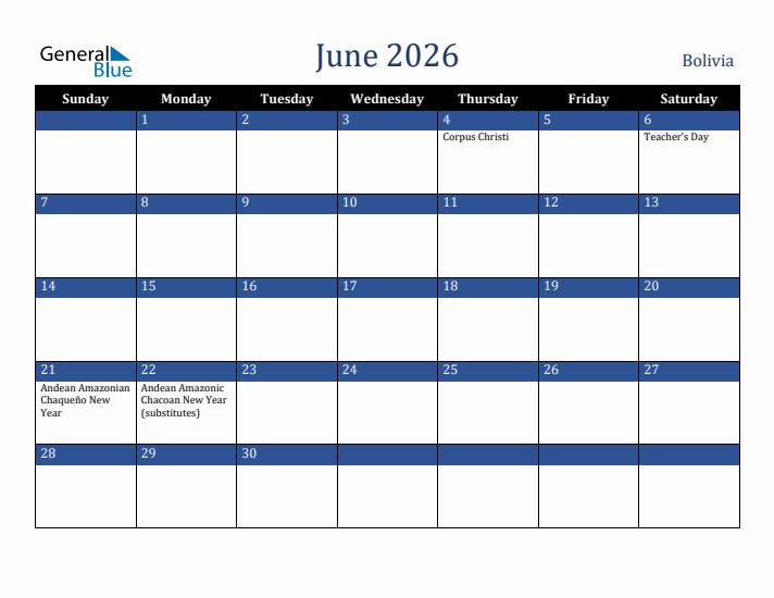 June 2026 Bolivia Calendar (Sunday Start)