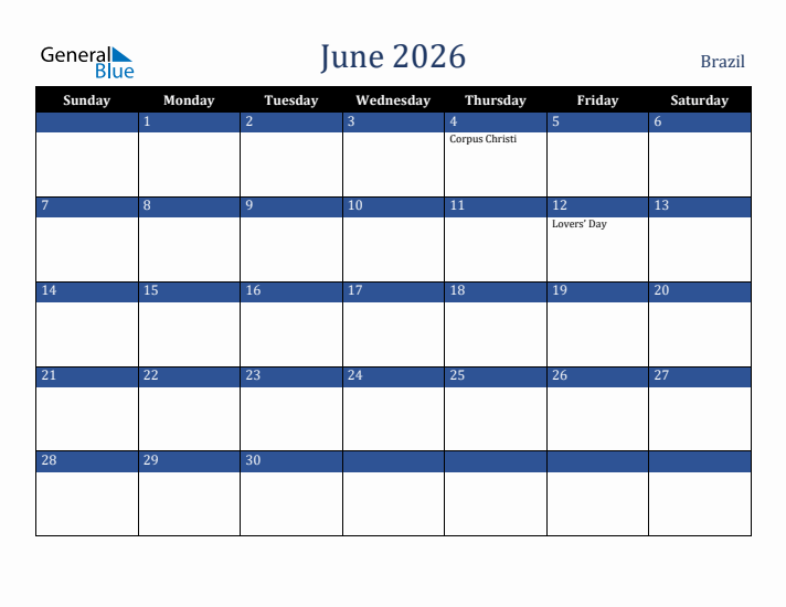June 2026 Brazil Calendar (Sunday Start)