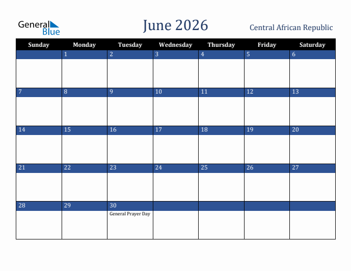 June 2026 Central African Republic Calendar (Sunday Start)