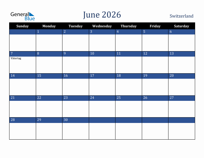 June 2026 Switzerland Calendar (Sunday Start)