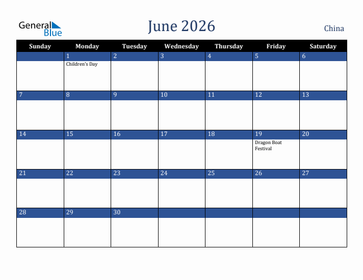 June 2026 China Calendar (Sunday Start)