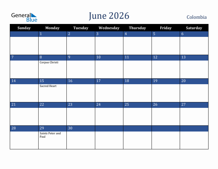 June 2026 Colombia Calendar (Sunday Start)