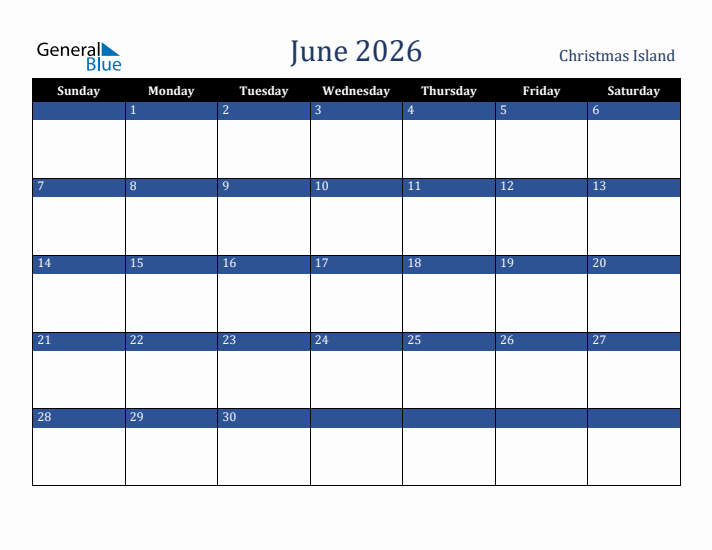 June 2026 Christmas Island Calendar (Sunday Start)